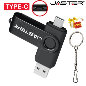 JASTER TYPE-C USB флаш памети 2NI1 64 GB Високоскоростна флаш памет с веригата за ключове, черна карта памет, фирмено лого, подарък U-диск