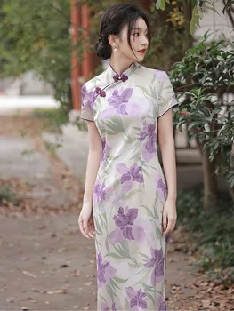 Секси Cheongsams Подобрени рокли 2023, летни нови Qipao, елегантна лилава рокля в китайски стил, женски празнична рокля с принтом, банкет рокля