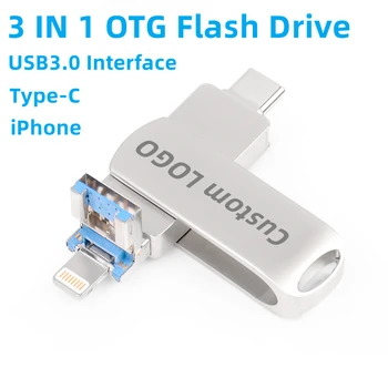Безплатно потребителско име, лого, въртящи се на 360 градуса в метална флаш памет OTG 3 в 1 Type-C + iPhone + интерфейс USB3.0 Memory Stick