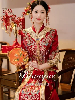 Сватбена рокля в китайски стил, расшитое мъниста, елегантна сватбена рокля Чонсам с пискюли, сватбен комплект, костюм за младоженеца, тънка облекло за тостер
