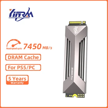 YINRAM SSD 7450 MB/s. NVMe M2 2 TB 1 TB, Вътрешен Твърд диск SSD DRAM Кеш PCIe4.0x4 Твърд диск с Радиатор за PS5 PC