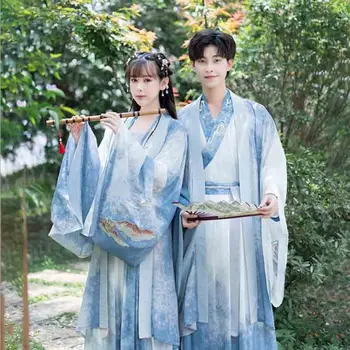 Градиентный син Hanfu, мъжки/дамски дрехи с китайската традиционна бродерия, двойни костюм за cosplay, Hanfu за мъже /жени, плюс размер XL