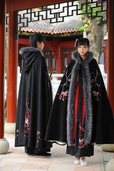 Мъжки дъждобран Ханфу, дамско зимно топло палто, китайското дебели палта, древната традиционна дамски дрехи за cosplay на династията Тан, черен