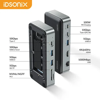 Корпус iDsonix NVMe 10 Gbit/с USB 3.2 HUB Докинг станция SATA SSD Калъф Многопортовый USB Сплитер HDMI-съвместим Четец на карти SD/TF карта