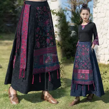 2023 китайски етнически стил, бродирани еластична талия, ретро пола с голям подолом, дълга дамска елегантна националната ежедневна пола с ресни s183