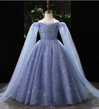 Искрящо сиво-синя рокля на принцеса за сватбеното парти с цветя модел за момичета, ежедневни детски дрехи, дрехи за бала, лейси детски дрехи без ръкави