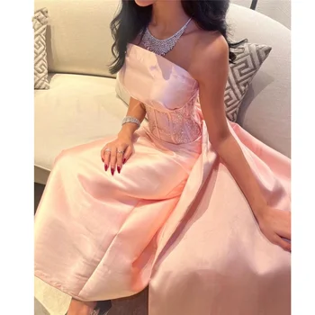 Детски розови сатенени рокли за бала рокля без презрамки в Саудитска Арабия, с открити рамене, с пайети, Дубай, вечерни рокли Abendkleider, официалната парти 2023