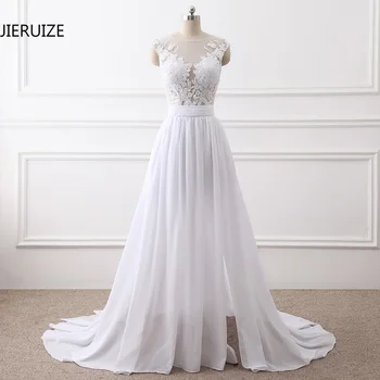 Сватбени рокли от бял шифон с кружевными апликации 2018, прозрачни морски сватбени рокли с цепка отстрани, сватбената рокля robe de mariee