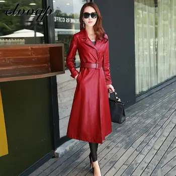 Високо качество 2020, нова черно-червено дамско яке, дълго елегантна пролетта женски кожени палта с дълъг ръкав, джоб към колана си, дамски яке