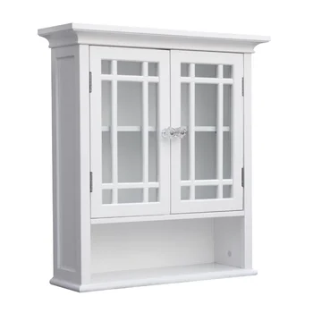Teamson Home Нийл Подвижна дървен стенен шкаф с 2 стъклени врати, бял шкаф за баня, шкаф за съхранение