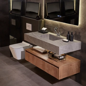 Сланцевая плочки в японски стил, вграден шкаф за баня, оригинална комбинация от цветове дърво, мивка, модерен стил, tv по поръчка