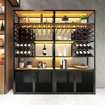 Модерен минималистичен винен шкаф, железен багажник, подови витрина за вино, с индивидуален светлинен стенен вино рафтове за съхранение