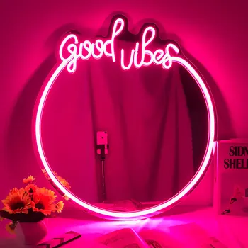 Led неон огледало за грим, знак Good Vibes, розова светлина, индивидуален интериор на стаята за момичета, нощна лампа, огледало, директна доставка